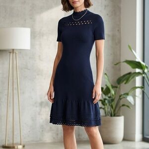 Sandro Paris Navy Lace Detail Midi Dress laser cut frills knit dress designer